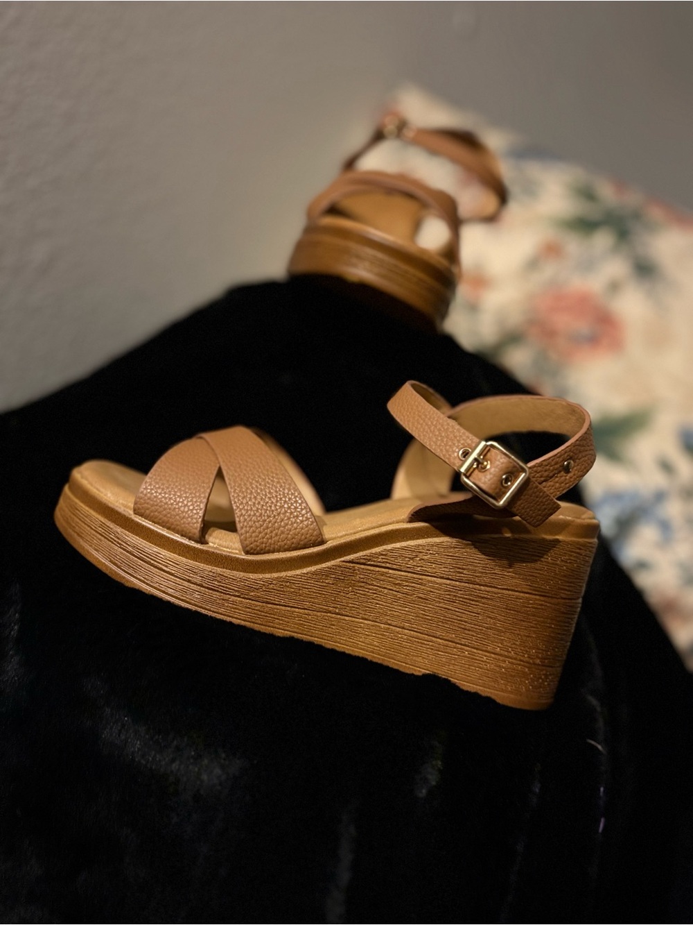 New Womens Tan Platform Wedge Sandals with Buckle Strap